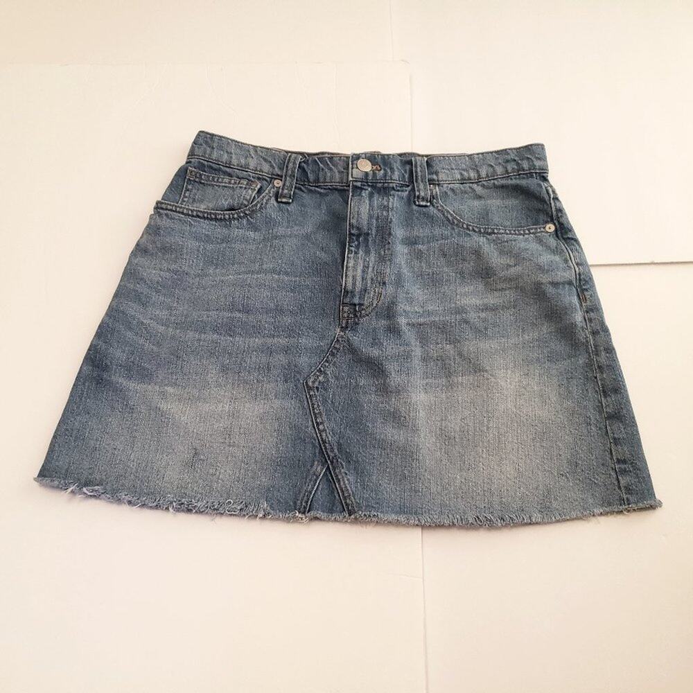 Madewell Skirt 30 Blue Denim A-Line Short Raw Hem Pockets Casual Zip Button